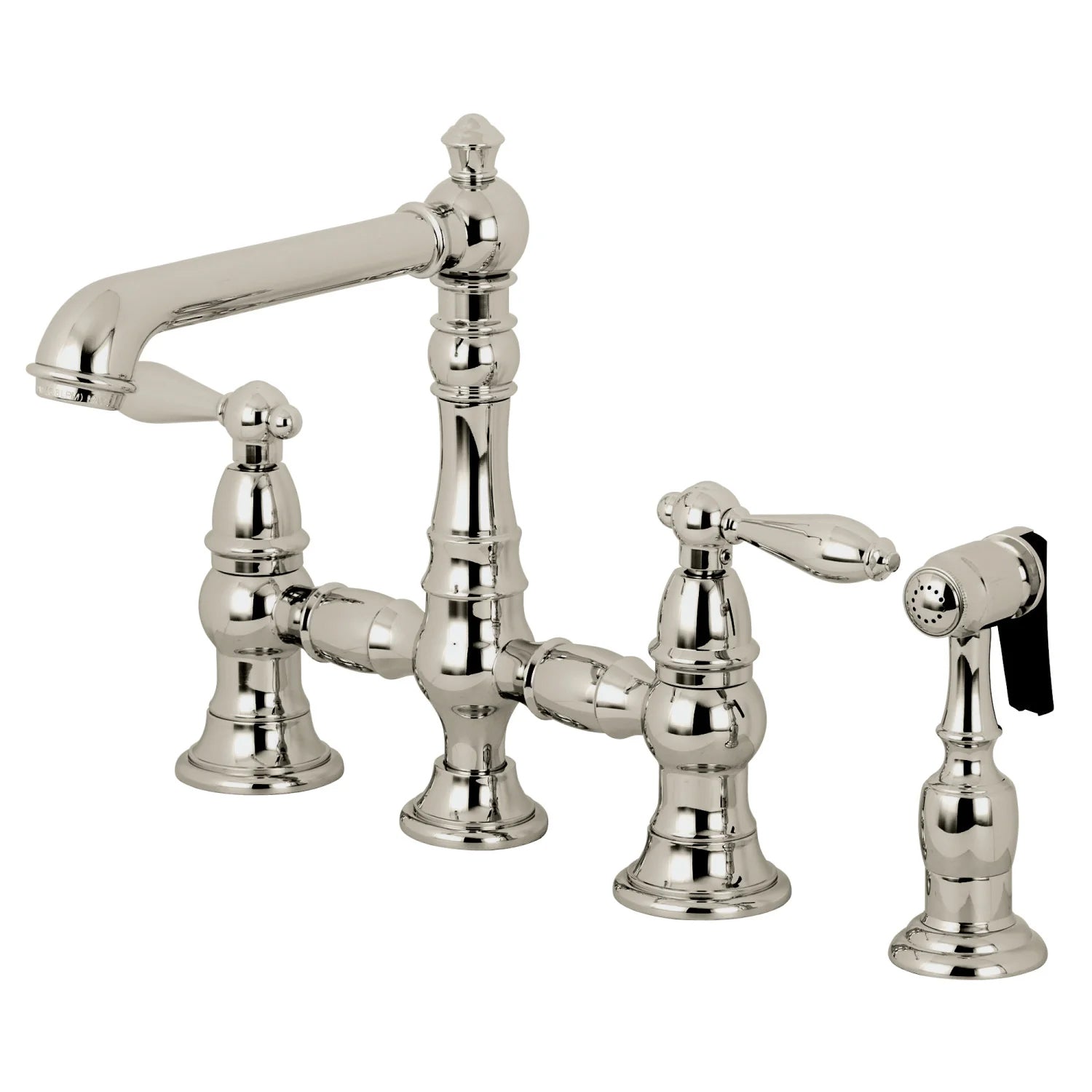 English Country A Two-Handle 4-Hole Deck Mount Side Sprayer Bridge Kitchen Faucet