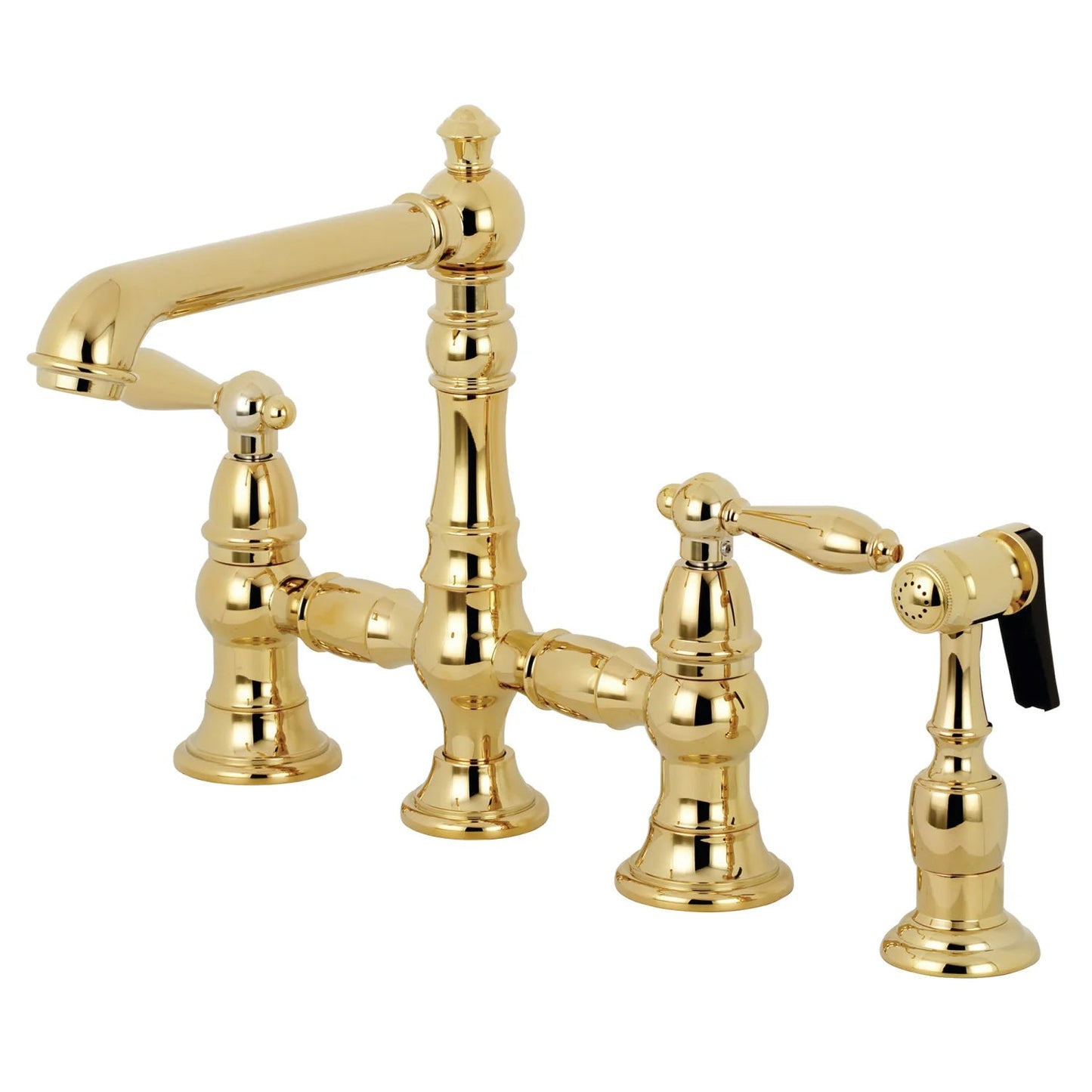 English Country A Two-Handle 4-Hole Deck Mount Side Sprayer Bridge Kitchen Faucet