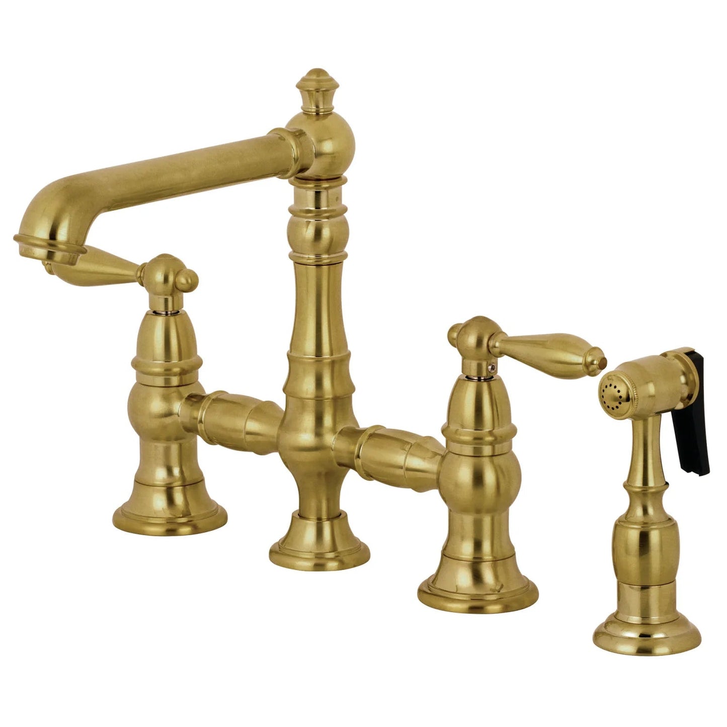 English Country A Two-Handle 4-Hole Deck Mount Side Sprayer Bridge Kitchen Faucet