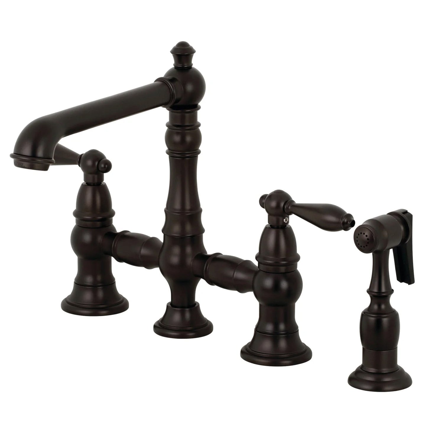 English Country A Two-Handle 4-Hole Deck Mount Side Sprayer Bridge Kitchen Faucet