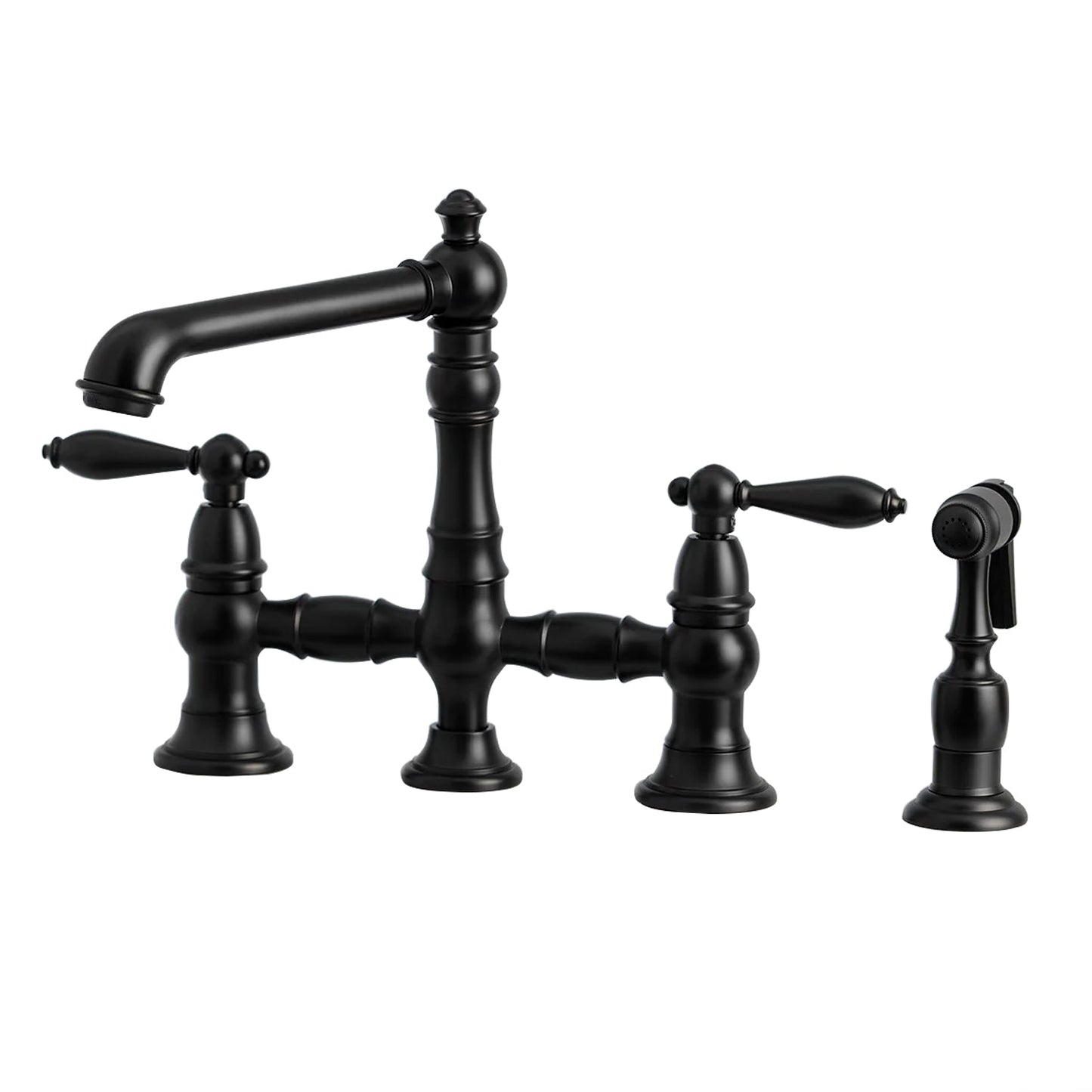 English Country A Two-Handle 4-Hole Deck Mount Side Sprayer Bridge Kitchen Faucet