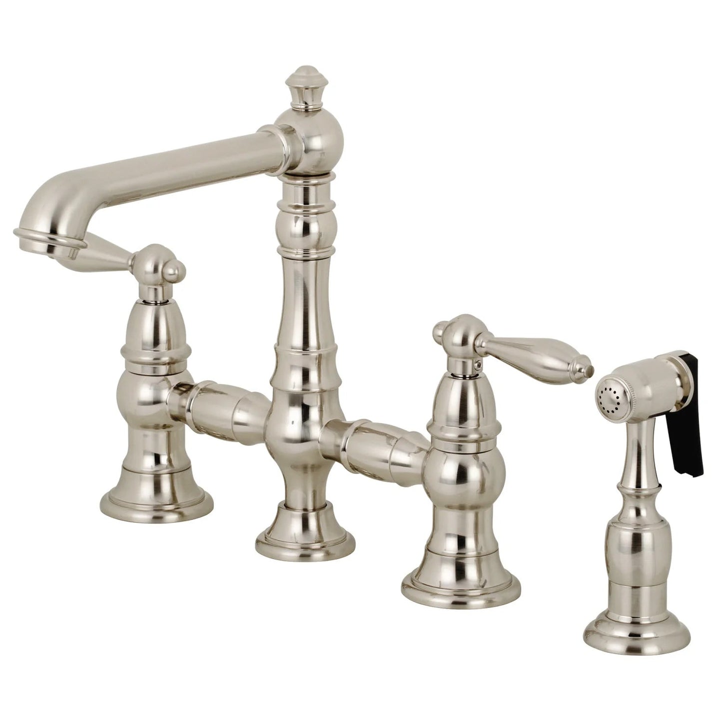 English Country A Two-Handle 4-Hole Deck Mount Side Sprayer Bridge Kitchen Faucet