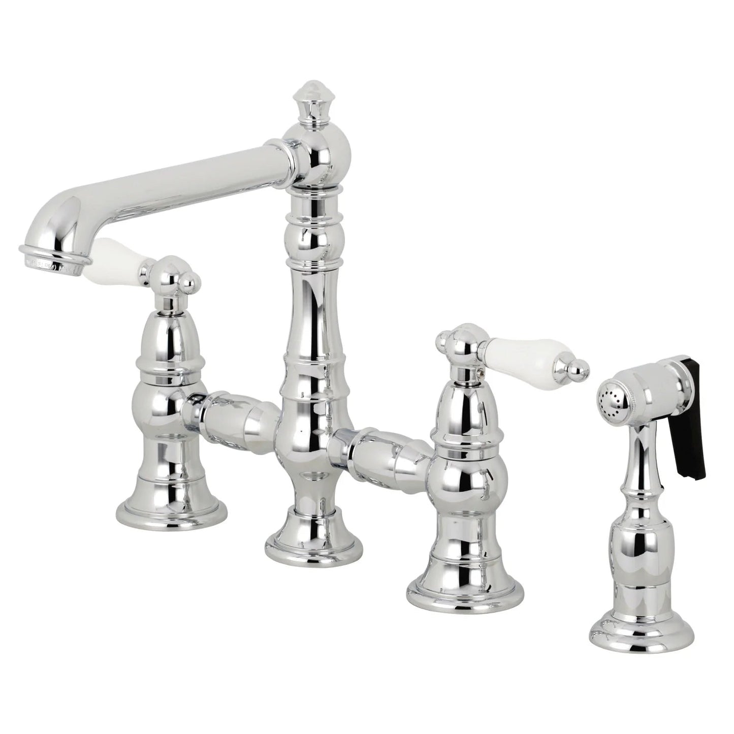 English Country B Porcelain Two-Handle 4-Hole Deck Mount Side Sprayer Bridge Kitchen Faucet