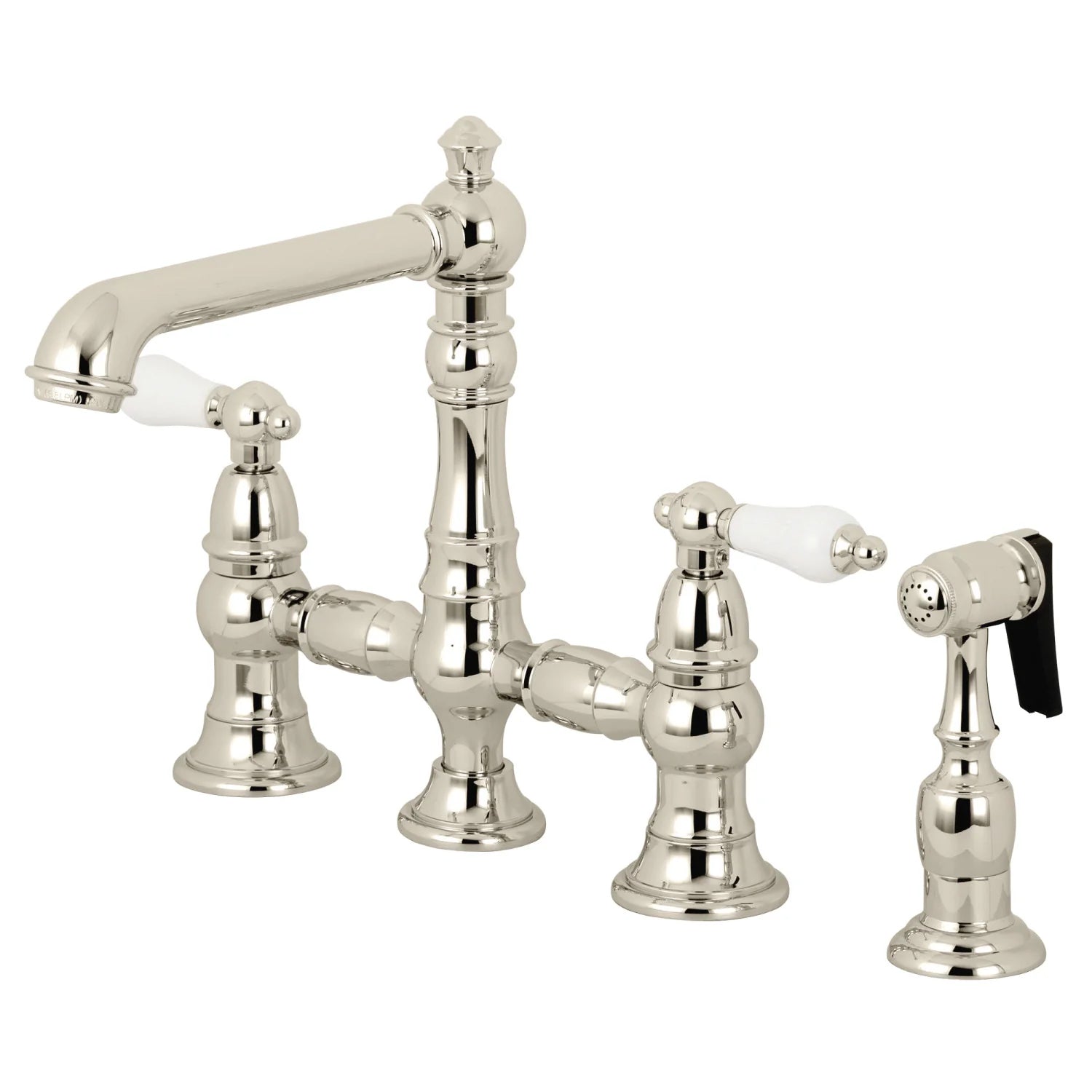 English Country B Porcelain Two-Handle 4-Hole Deck Mount Side Sprayer Bridge Kitchen Faucet