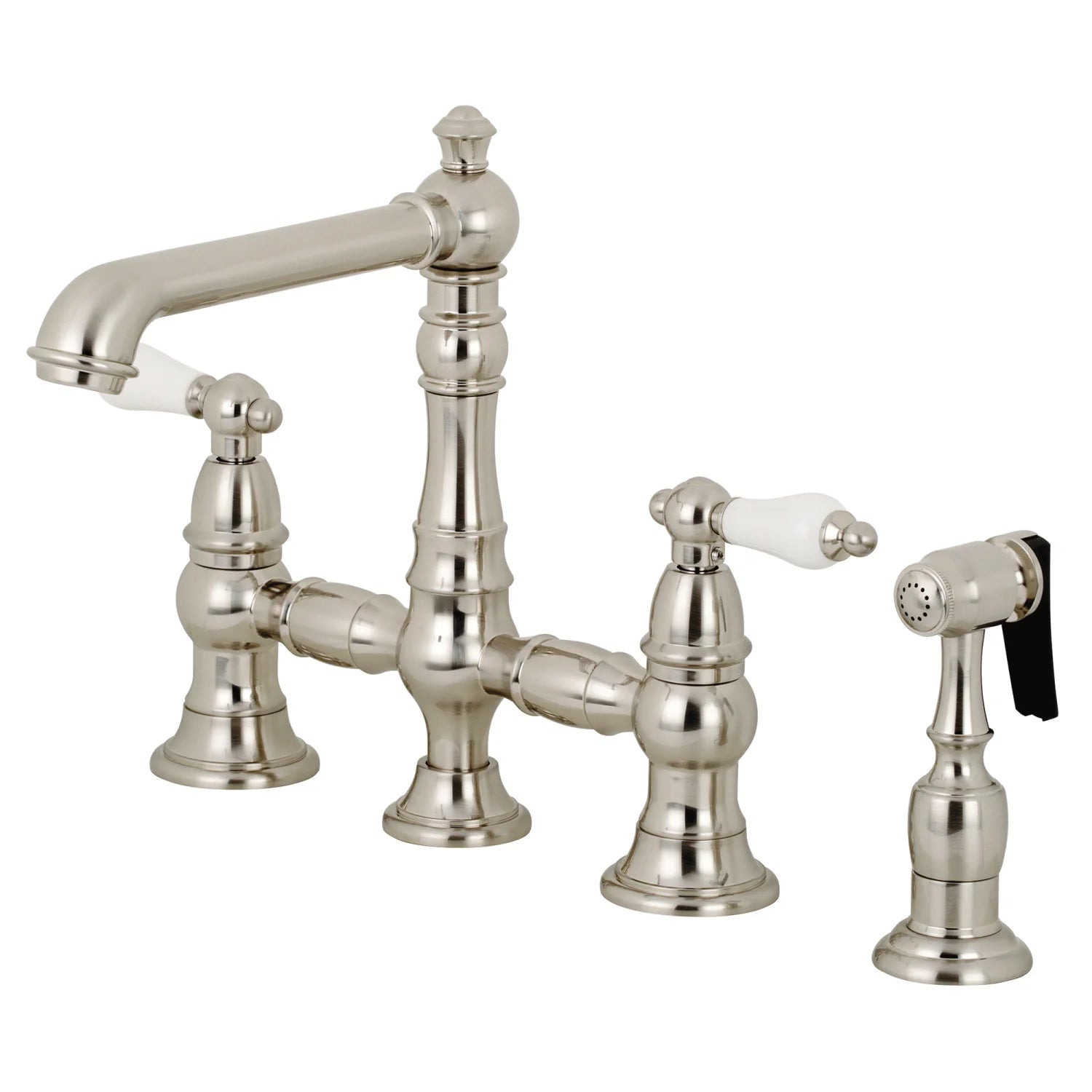 English Country B Porcelain Two-Handle 4-Hole Deck Mount Side Sprayer Bridge Kitchen Faucet