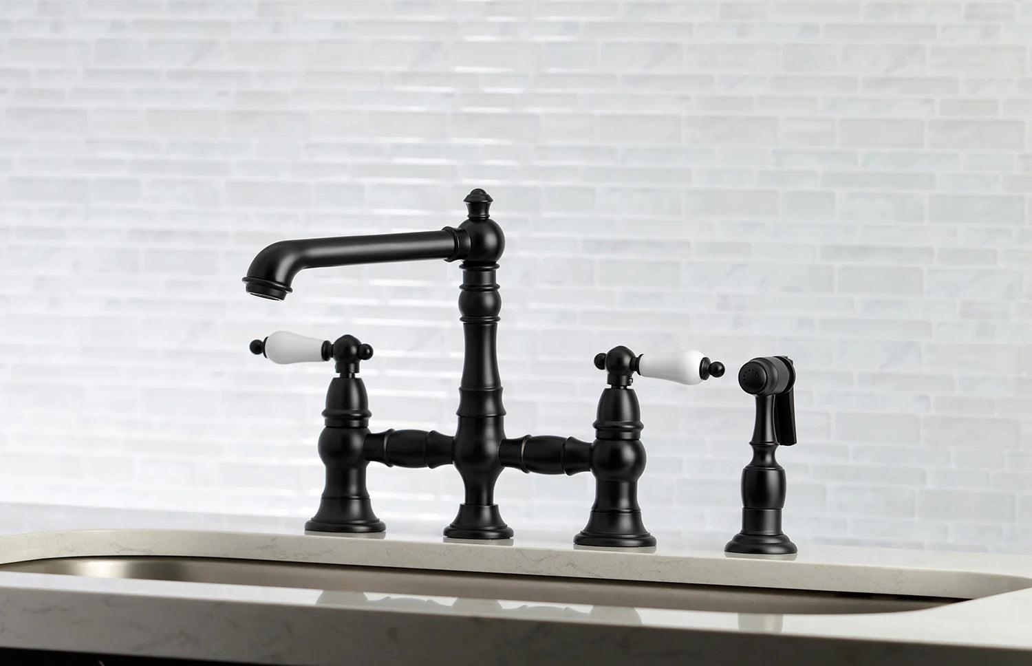 English Country B Porcelain Two-Handle 4-Hole Deck Mount Side Sprayer Bridge Kitchen Faucet