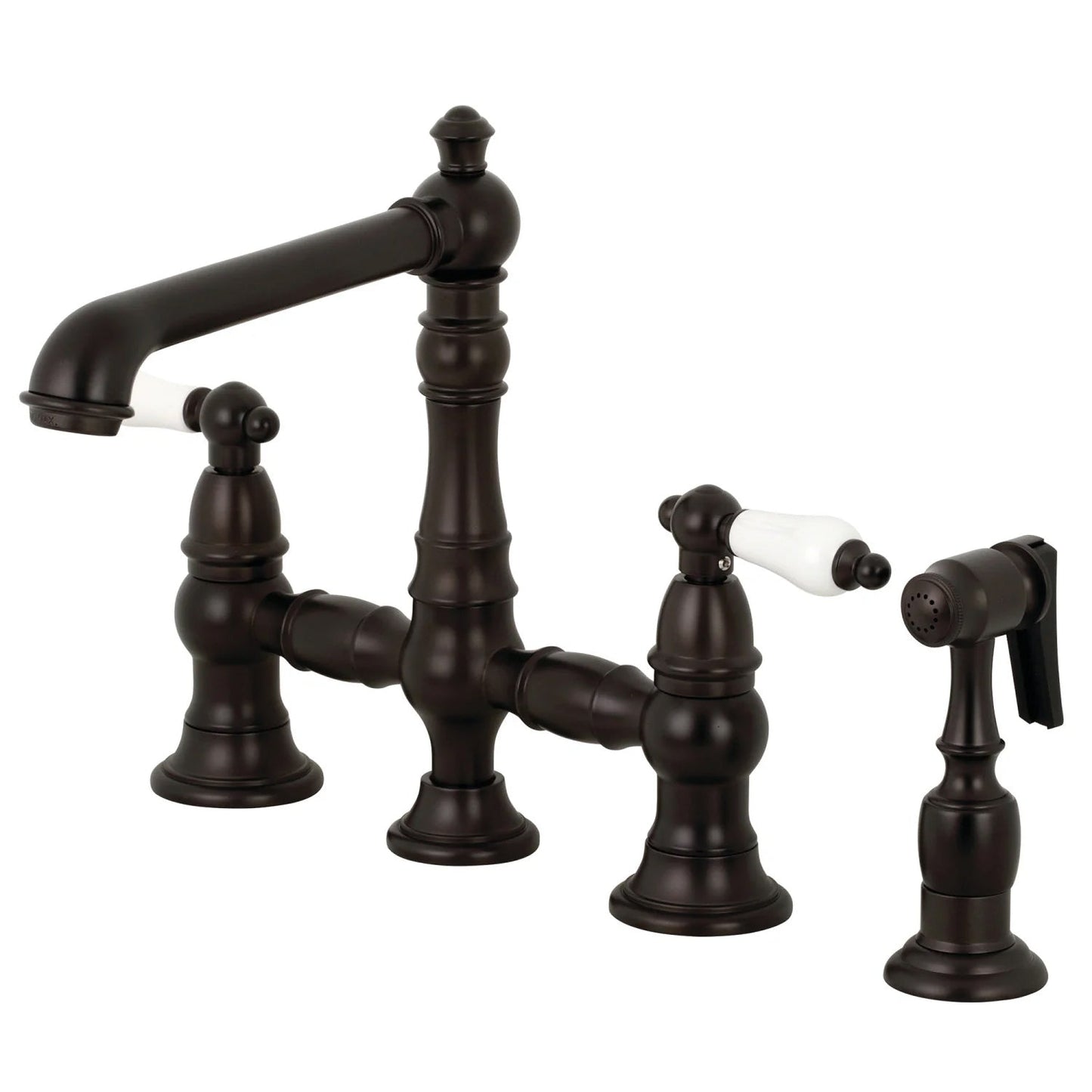 English Country B Porcelain Two-Handle 4-Hole Deck Mount Side Sprayer Bridge Kitchen Faucet