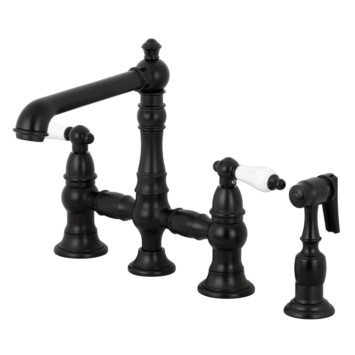 English Country B Porcelain Two-Handle 4-Hole Deck Mount Side Sprayer Bridge Kitchen Faucet