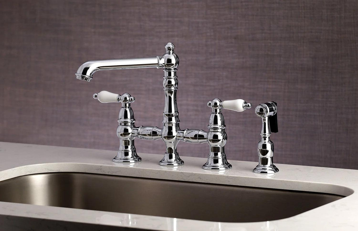 English Country B Porcelain Two-Handle 4-Hole Deck Mount Side Sprayer Bridge Kitchen Faucet