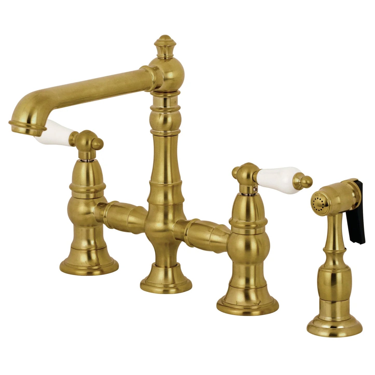 English Country B Porcelain Two-Handle 4-Hole Deck Mount Side Sprayer Bridge Kitchen Faucet