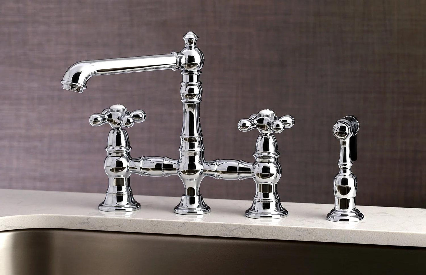 English Country C Two-Handle 4-Hole Deck Mount Side Sprayer Bridge Kitchen Faucet