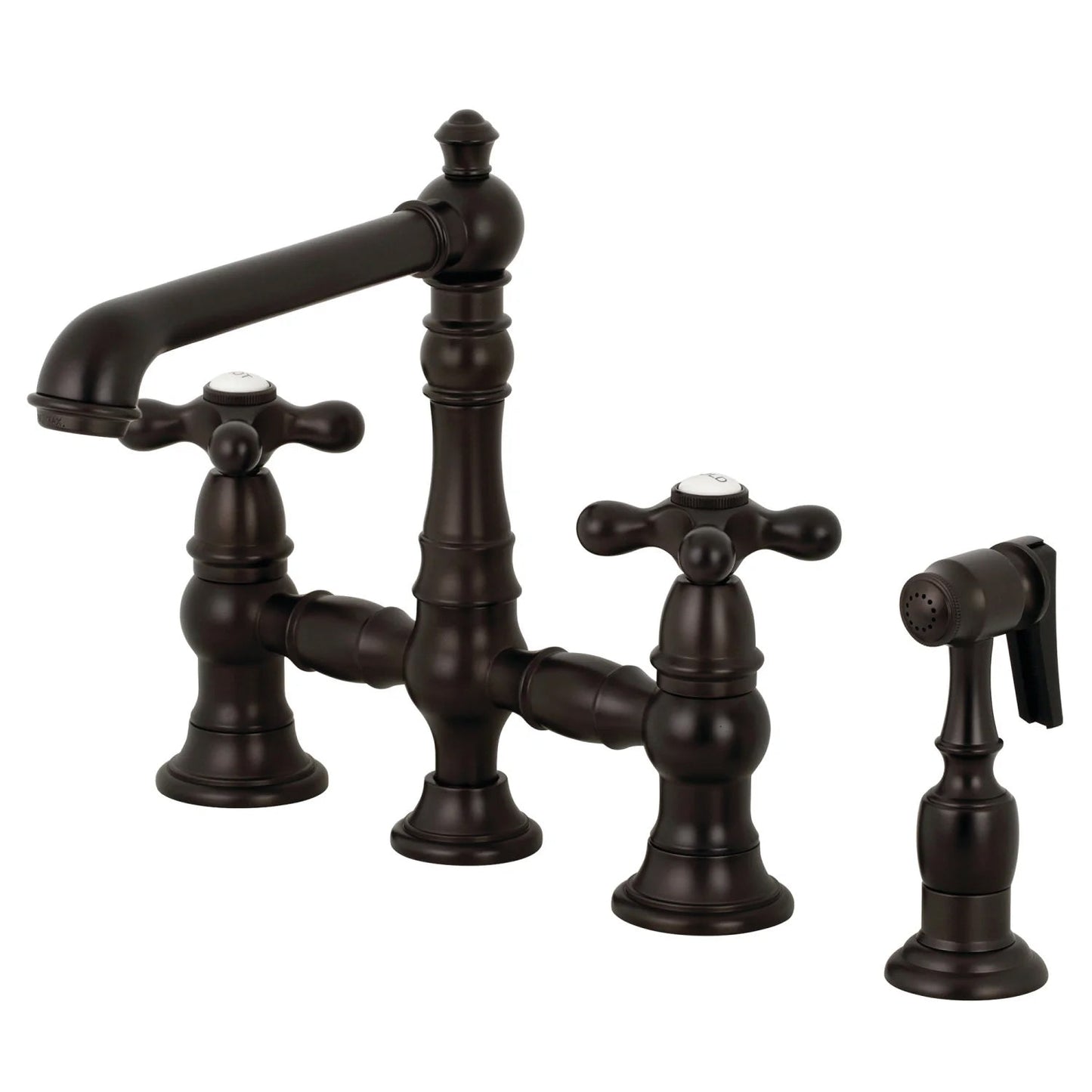 English Country C Two-Handle 4-Hole Deck Mount Side Sprayer Bridge Kitchen Faucet