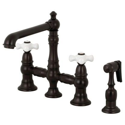 English Country D Porcelain Two-Handle 4-Hole Deck Mount Side Sprayer Bridge Kitchen Faucet