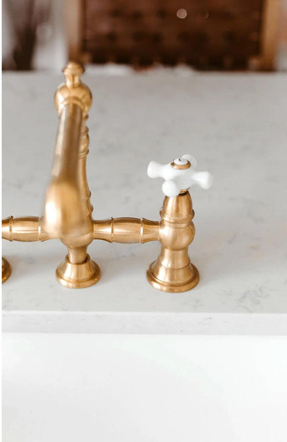 English Country D Porcelain Two-Handle 4-Hole Deck Mount Side Sprayer Bridge Kitchen Faucet