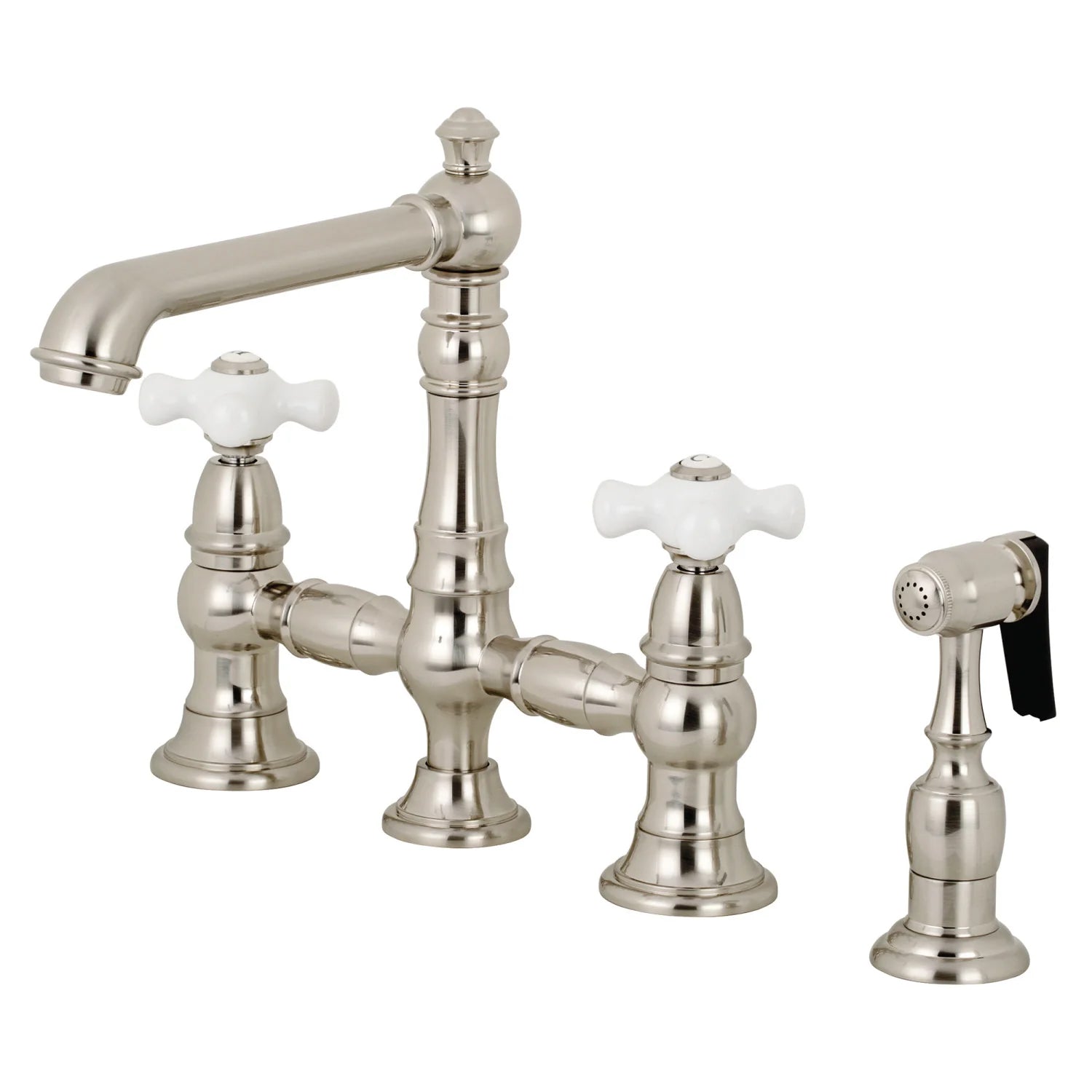 English Country D Porcelain Two-Handle 4-Hole Deck Mount Side Sprayer Bridge Kitchen Faucet