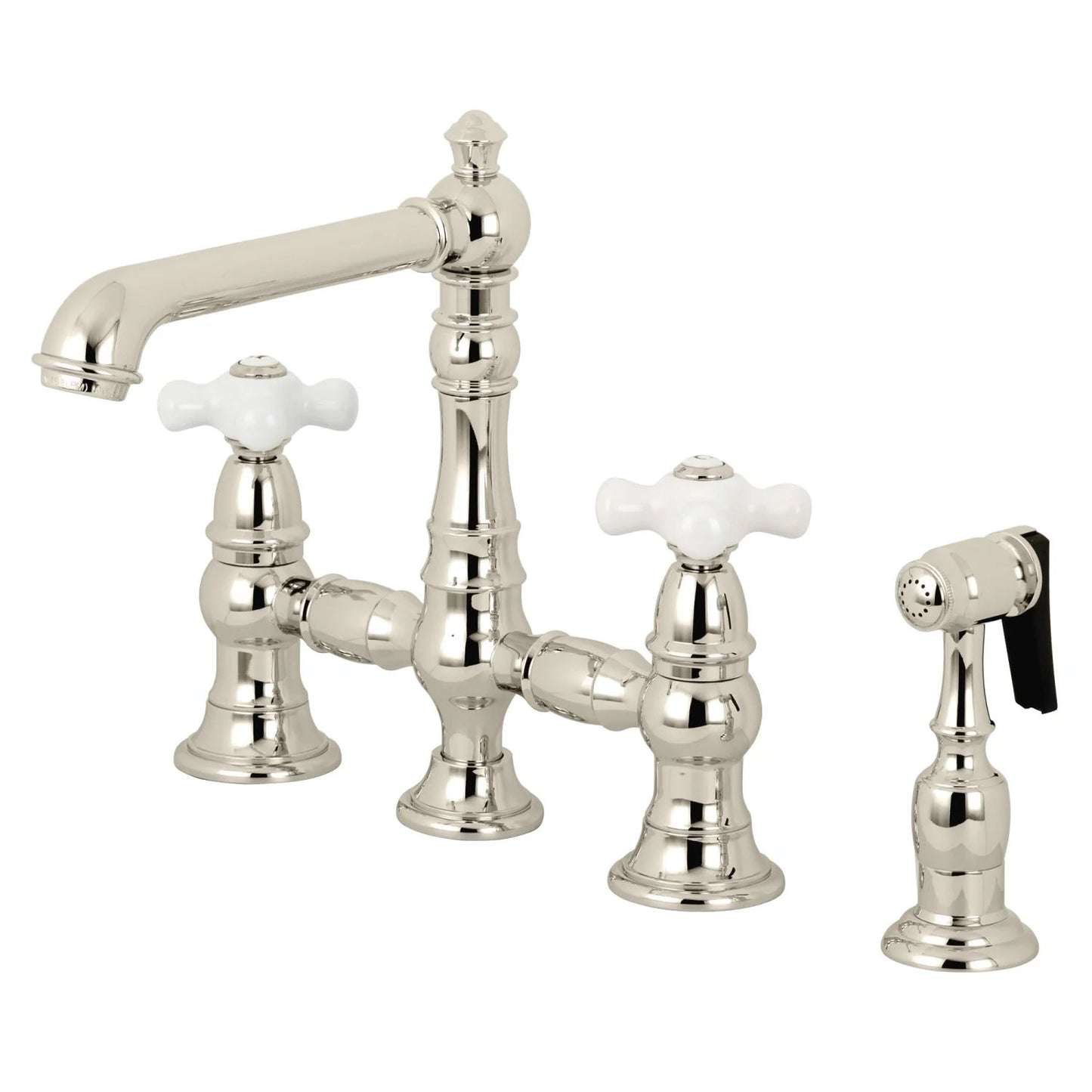 English Country D Porcelain Two-Handle 4-Hole Deck Mount Side Sprayer Bridge Kitchen Faucet