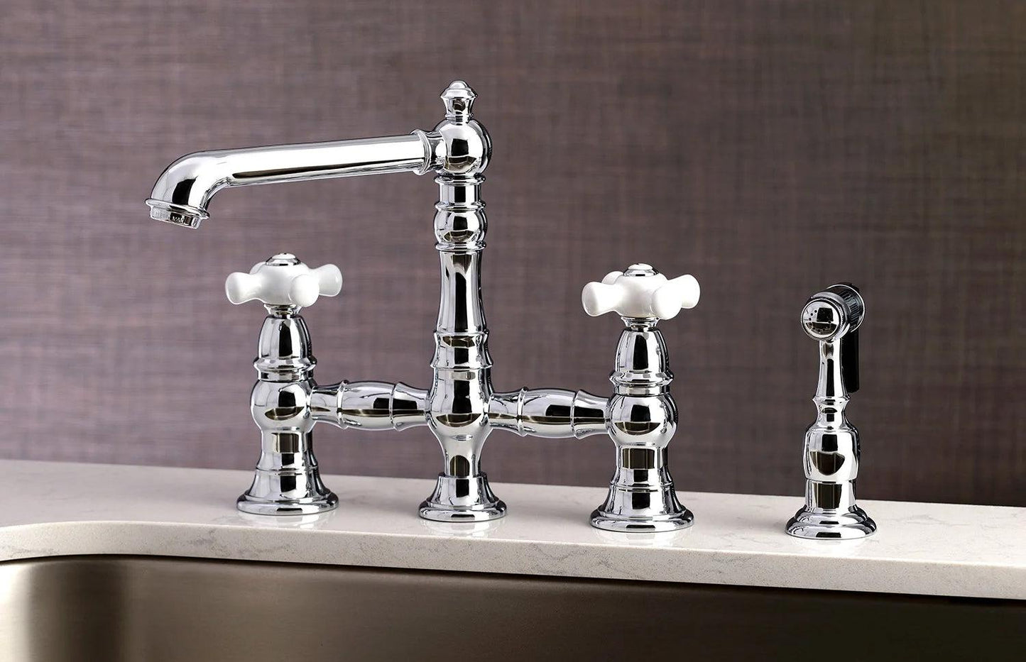 English Country D Porcelain Two-Handle 4-Hole Deck Mount Side Sprayer Bridge Kitchen Faucet