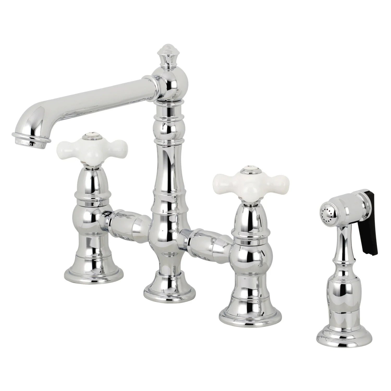 English Country D Porcelain Two-Handle 4-Hole Deck Mount Side Sprayer Bridge Kitchen Faucet