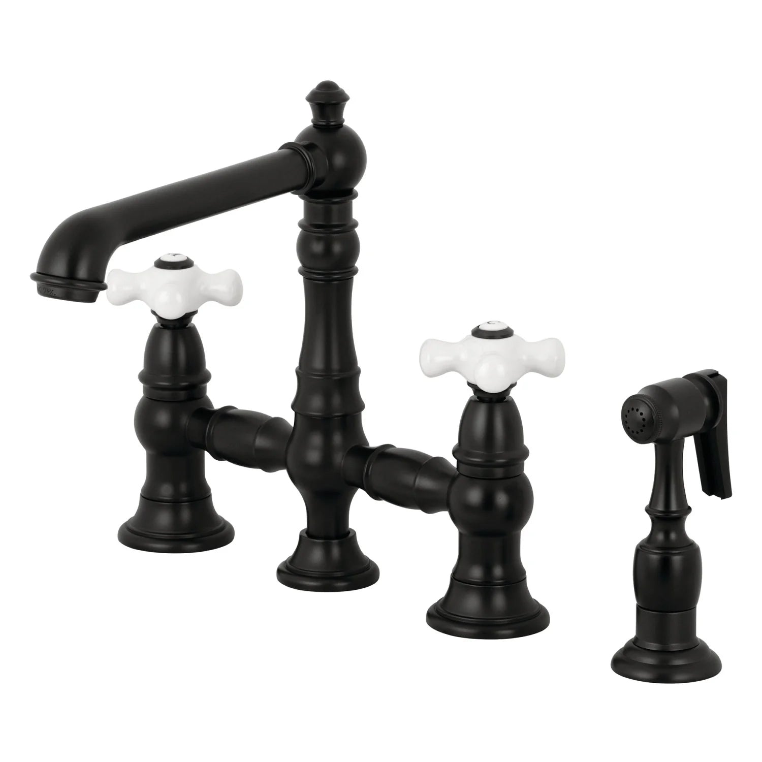 English Country D Porcelain Two-Handle 4-Hole Deck Mount Side Sprayer Bridge Kitchen Faucet