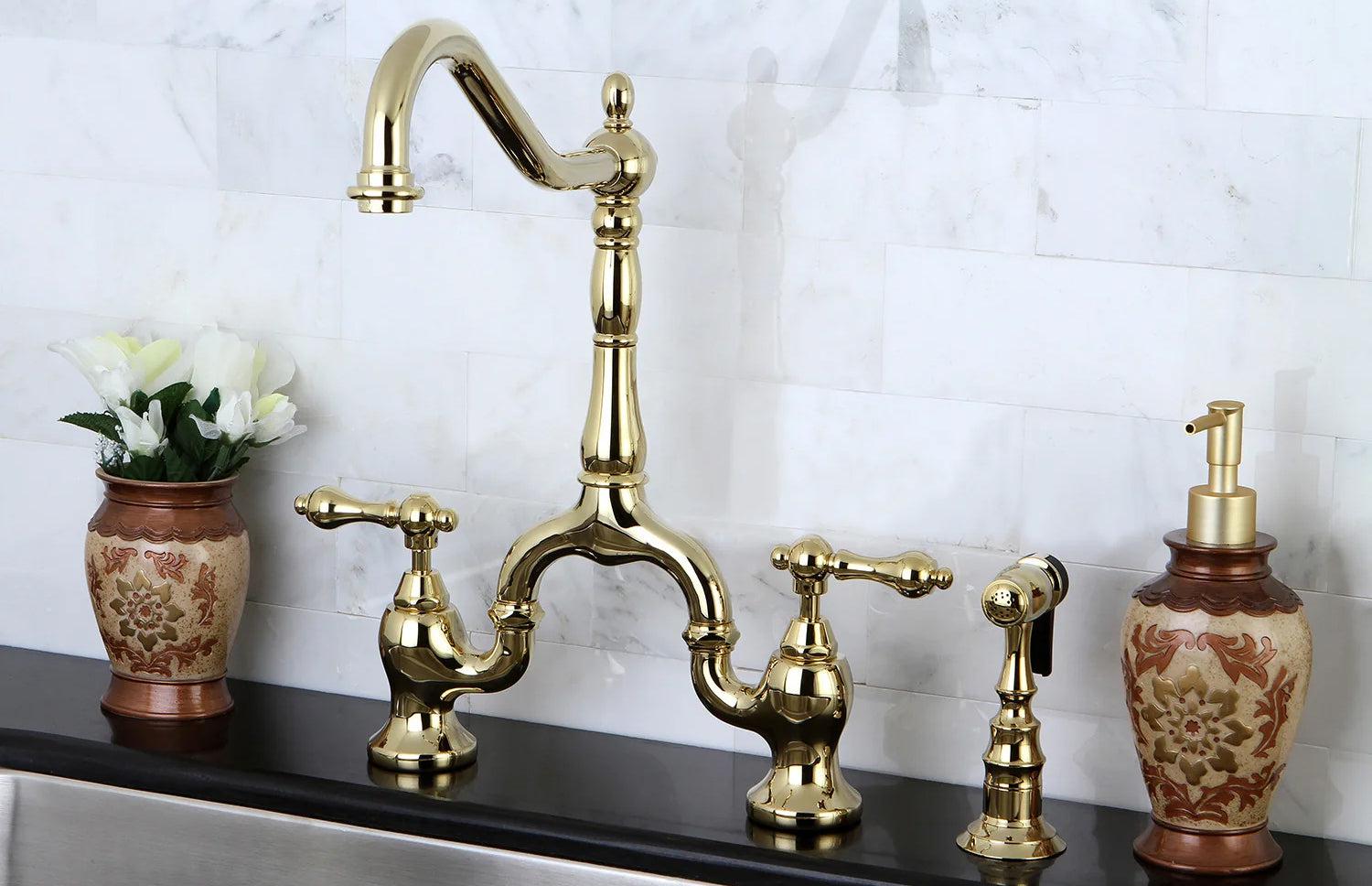 English Country E Two-Handle 3-Hole Deck Mount Side Sprayer Bridge Kitchen Faucet