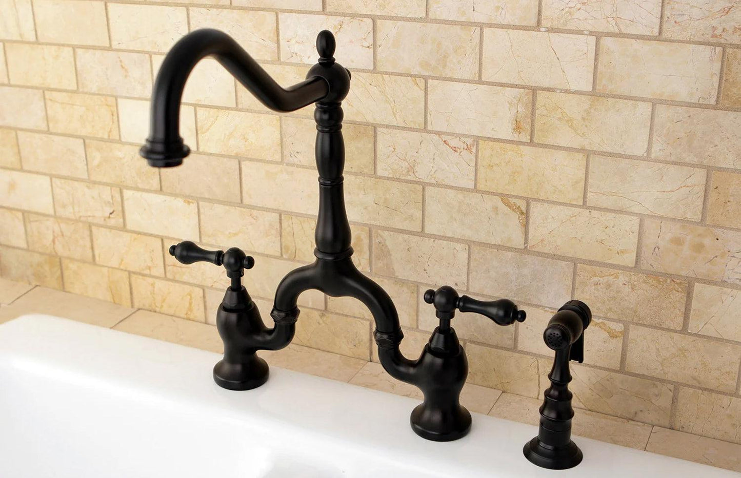 English Country E Two-Handle 3-Hole Deck Mount Side Sprayer Bridge Kitchen Faucet