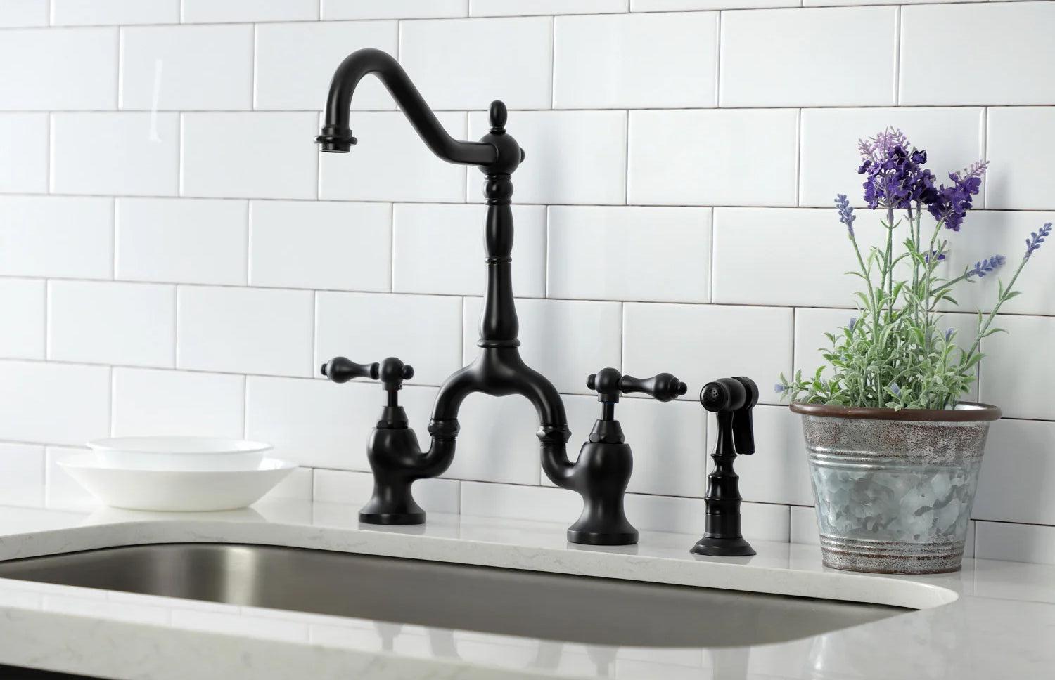 English Country E Two-Handle 3-Hole Deck Mount Side Sprayer Bridge Kitchen Faucet