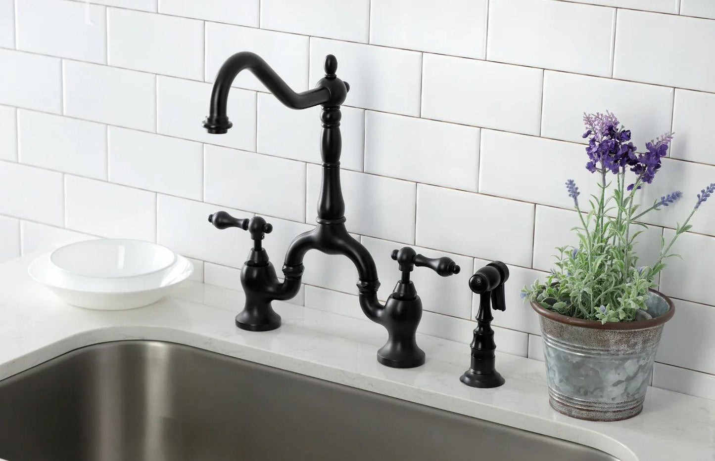 English Country E Two-Handle 3-Hole Deck Mount Side Sprayer Bridge Kitchen Faucet