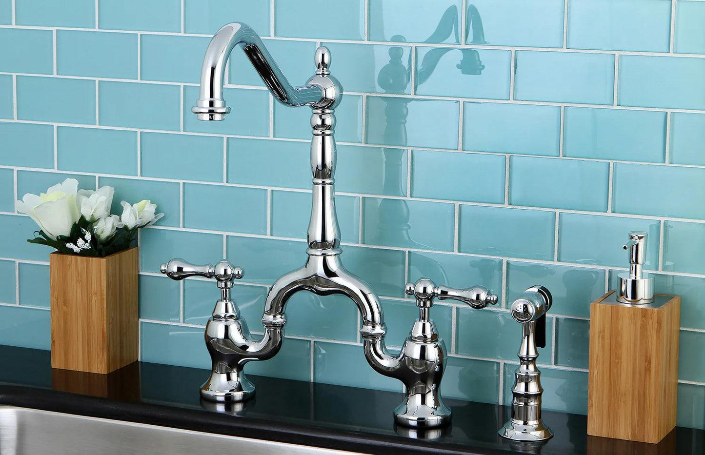 English Country E Two-Handle 3-Hole Deck Mount Side Sprayer Bridge Kitchen Faucet