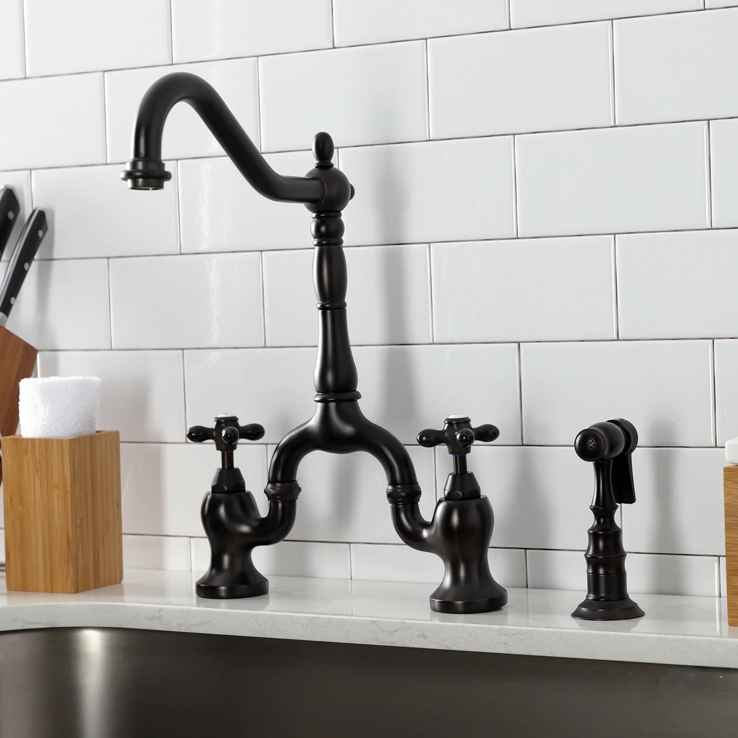 English Country F Two-Handle 3-Hole Deck Mount Side Sprayer Bridge Kitchen Faucet