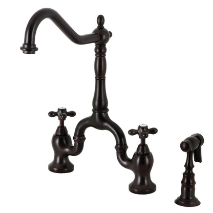 English Country F Two-Handle 3-Hole Deck Mount Side Sprayer Bridge Kitchen Faucet