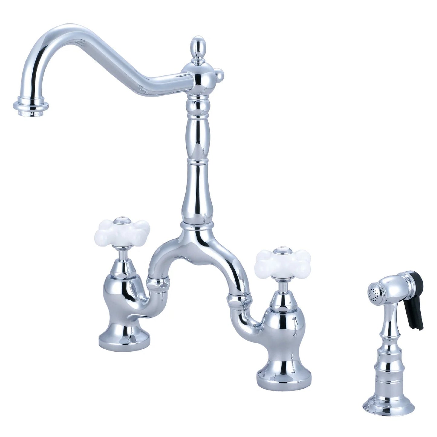 English Country G Porcelain Two-Handle 3-Hole Deck Mount Side Sprayer Bridge Kitchen Faucet