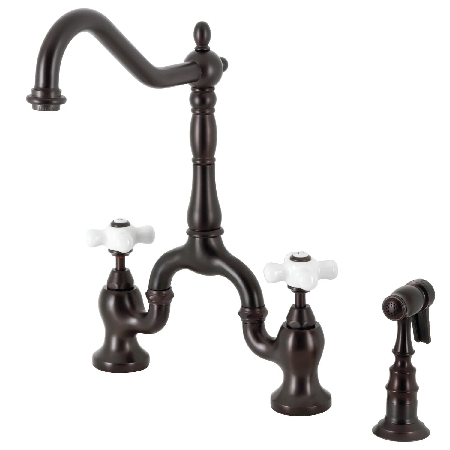 English Country G Porcelain Two-Handle 3-Hole Deck Mount Side Sprayer Bridge Kitchen Faucet