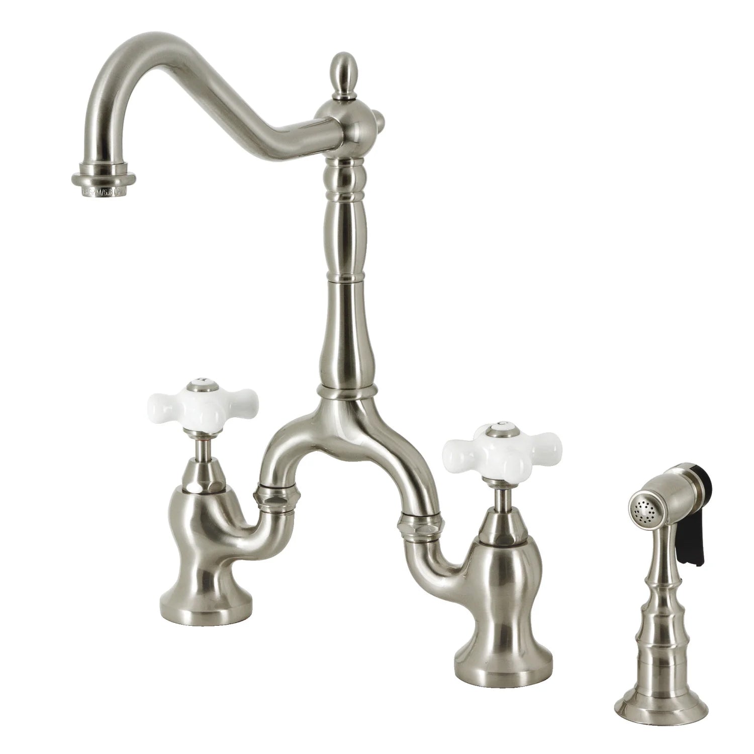 English Country G Porcelain Two-Handle 3-Hole Deck Mount Side Sprayer Bridge Kitchen Faucet