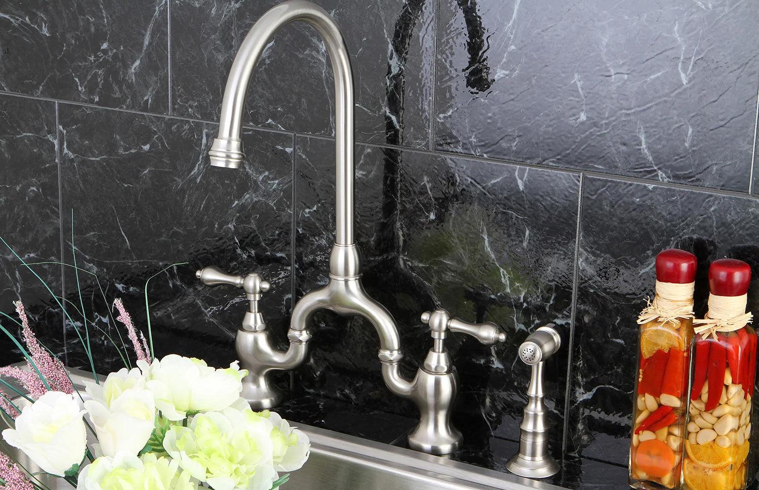 English Country H Two-Handle 3-Hole Deck Mount Side Sprayer Bridge Kitchen Faucet