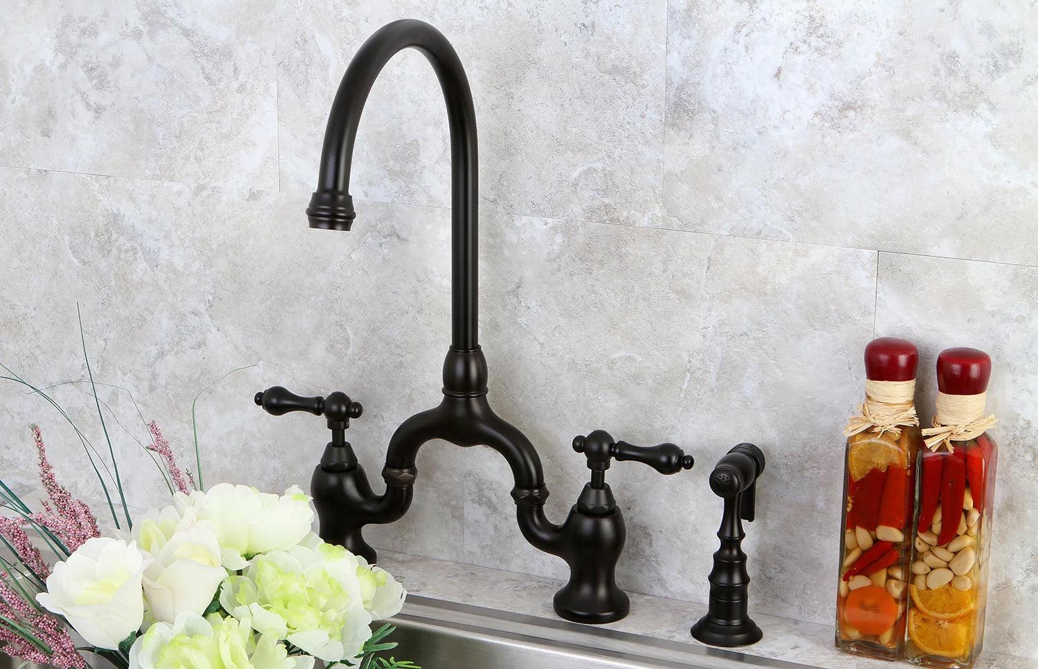 English Country H Two-Handle 3-Hole Deck Mount Side Sprayer Bridge Kitchen Faucet