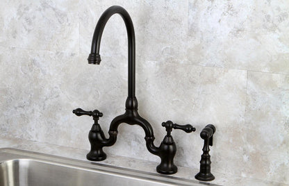 English Country H Two-Handle 3-Hole Deck Mount Side Sprayer Bridge Kitchen Faucet