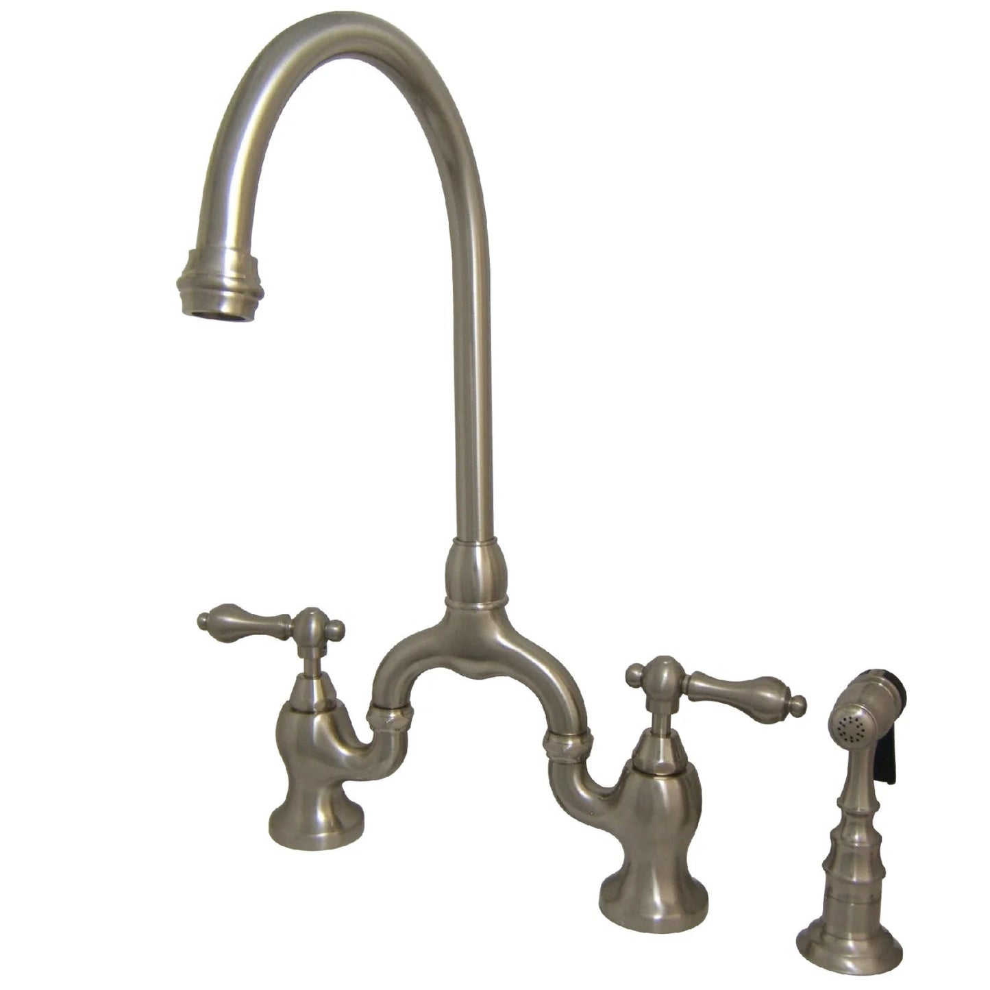 English Country H Two-Handle 3-Hole Deck Mount Side Sprayer Bridge Kitchen Faucet