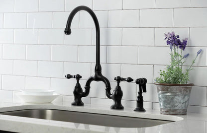 English Country H Two-Handle 3-Hole Deck Mount Side Sprayer Bridge Kitchen Faucet