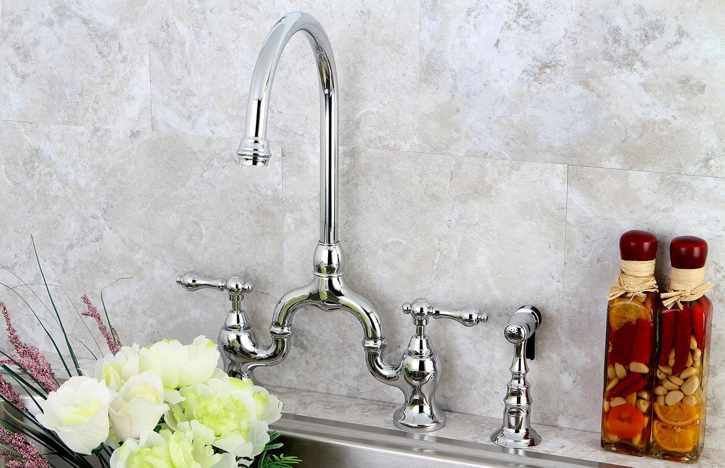 English Country H Two-Handle 3-Hole Deck Mount Side Sprayer Bridge Kitchen Faucet