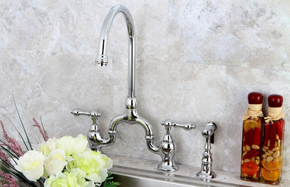 English Country H Two-Handle 3-Hole Deck Mount Side Sprayer Bridge Kitchen Faucet