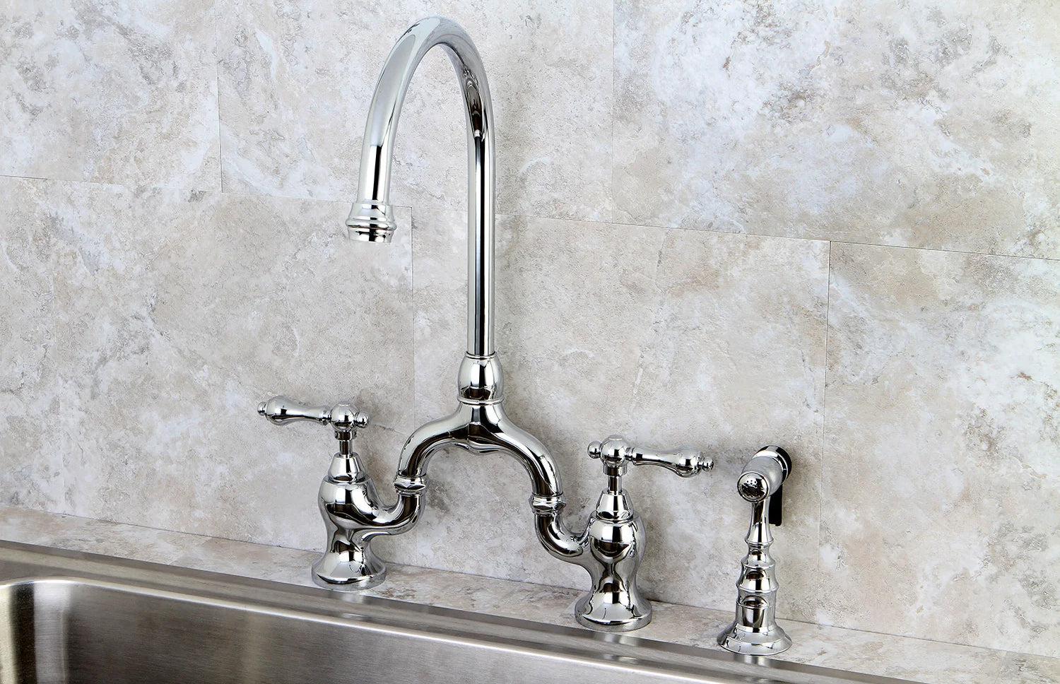 English Country H Two-Handle 3-Hole Deck Mount Side Sprayer Bridge Kitchen Faucet