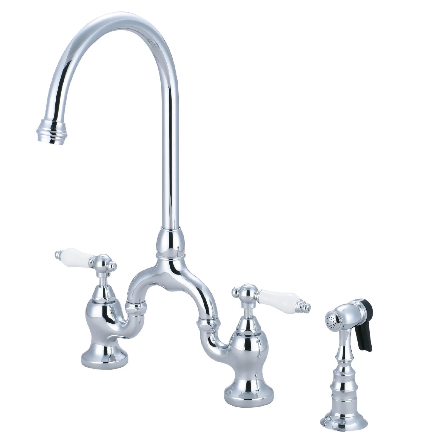 English Country I Porcelain Two-Handle 3-Hole Deck Mount Side Sprayer Bridge Kitchen Faucet