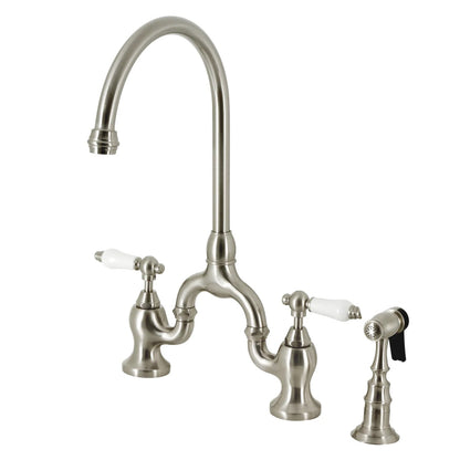 English Country I Porcelain Two-Handle 3-Hole Deck Mount Side Sprayer Bridge Kitchen Faucet