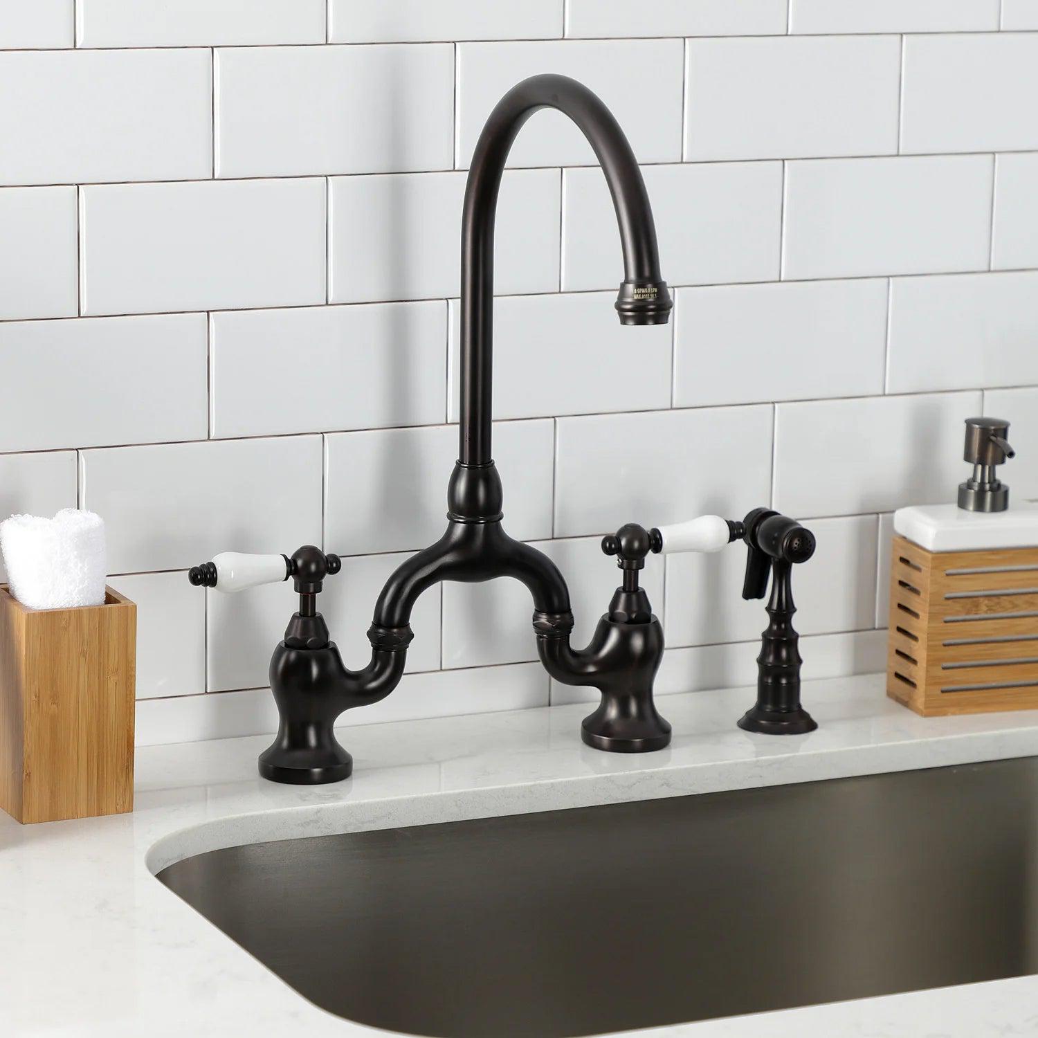 English Country I Porcelain Two-Handle 3-Hole Deck Mount Side Sprayer Bridge Kitchen Faucet