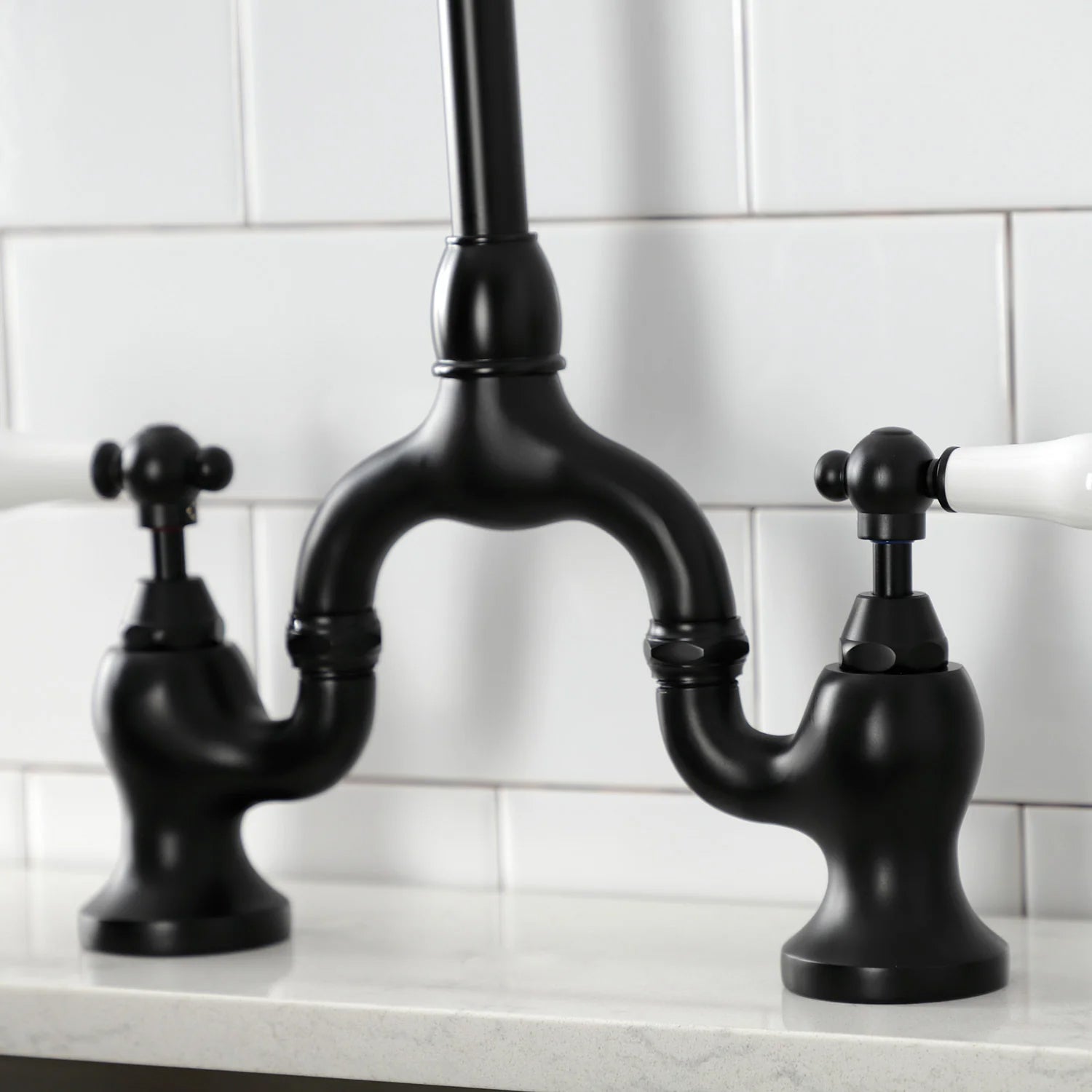 English Country I Porcelain Two-Handle 3-Hole Deck Mount Side Sprayer Bridge Kitchen Faucet