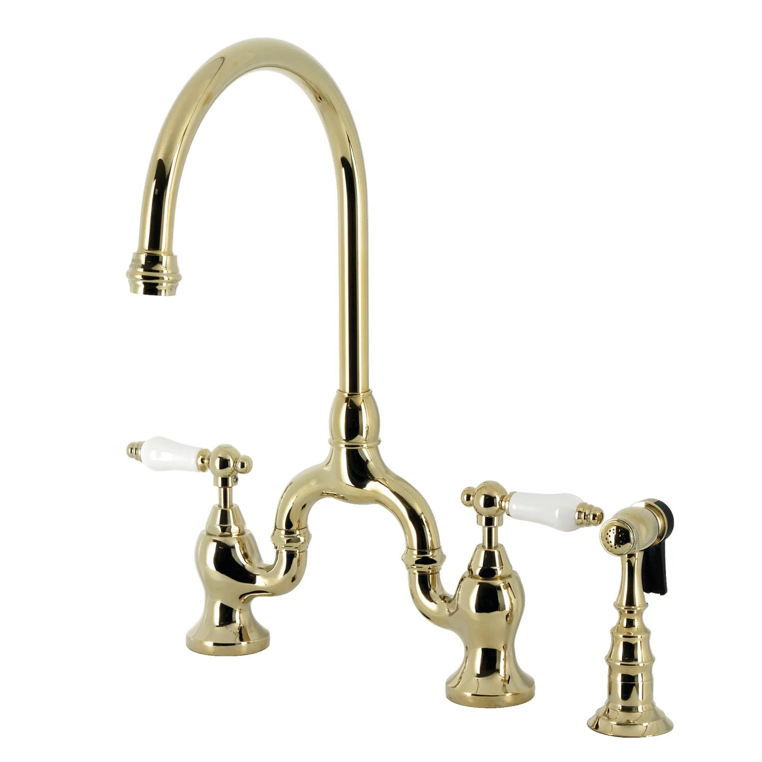 English Country I Porcelain Two-Handle 3-Hole Deck Mount Side Sprayer Bridge Kitchen Faucet