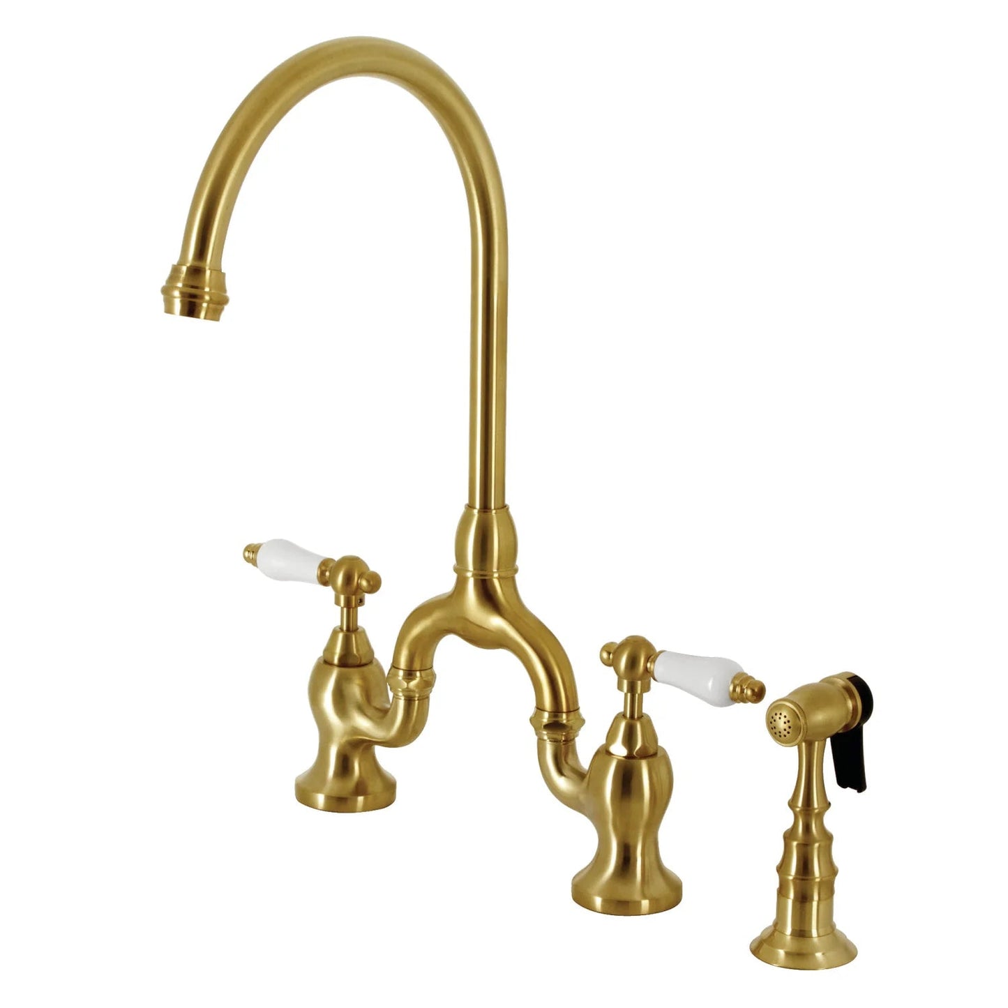 English Country I Porcelain Two-Handle 3-Hole Deck Mount Side Sprayer Bridge Kitchen Faucet