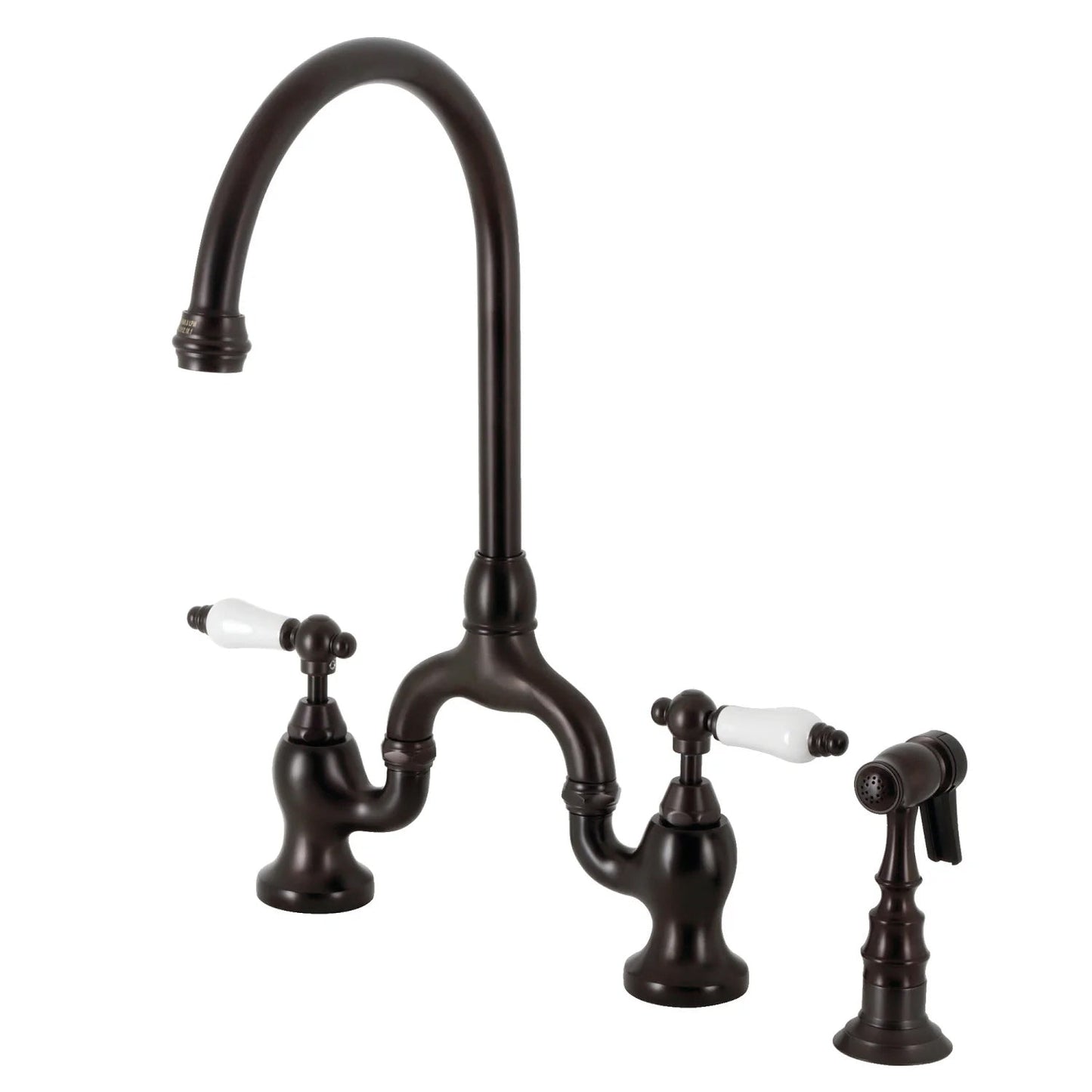 English Country I Porcelain Two-Handle 3-Hole Deck Mount Side Sprayer Bridge Kitchen Faucet