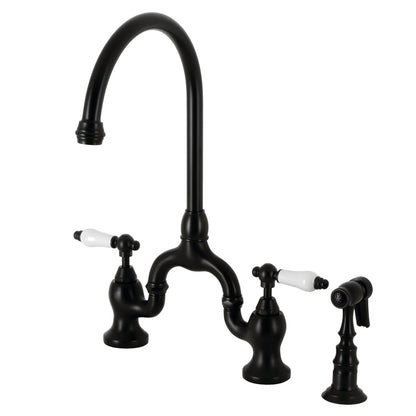 English Country I Porcelain Two-Handle 3-Hole Deck Mount Side Sprayer Bridge Kitchen Faucet