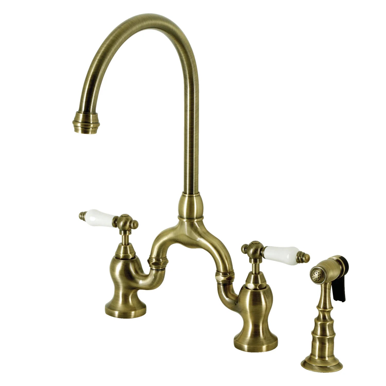 English Country I Porcelain Two-Handle 3-Hole Deck Mount Side Sprayer Bridge Kitchen Faucet